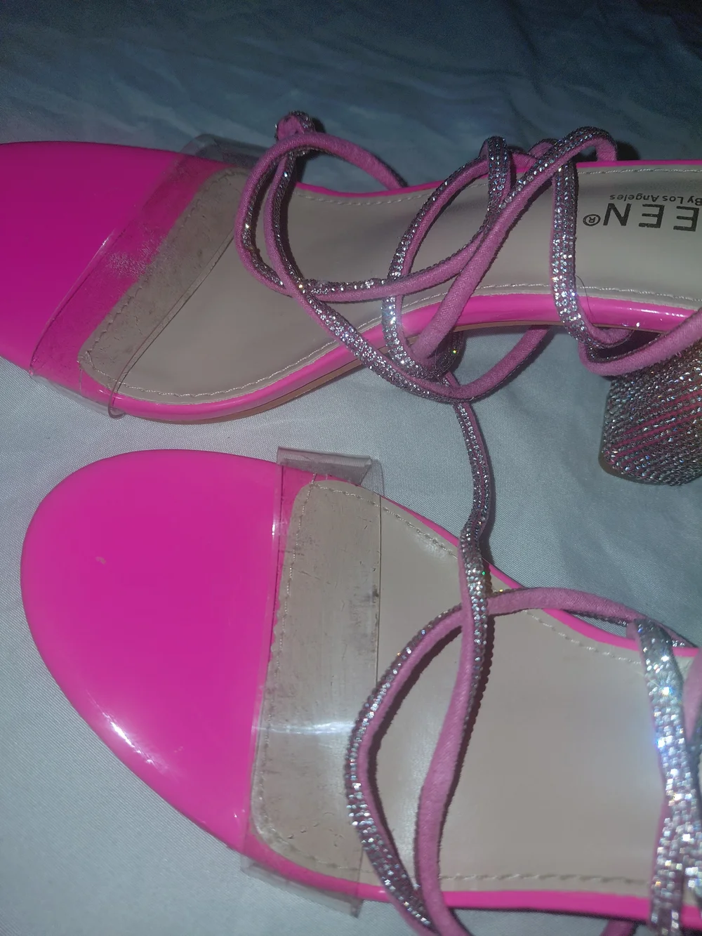 Kayleen By Los Angeles Hot Pink Strappy Faux Diamond Studded Heeled Sandals